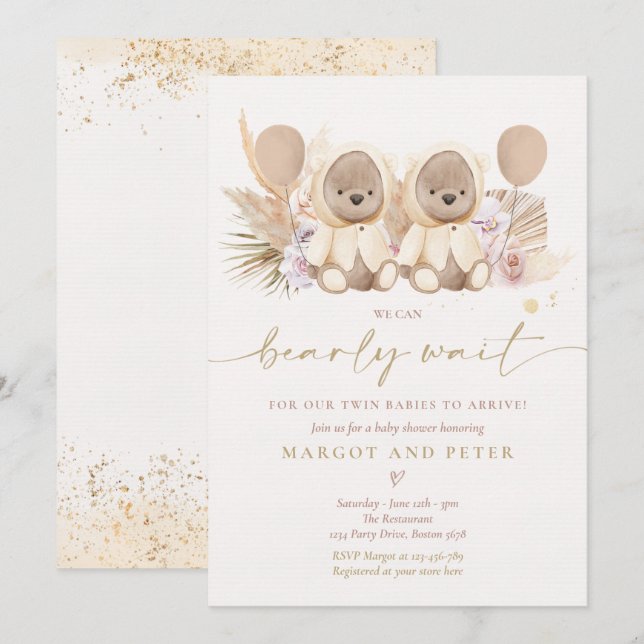 Boho Teddy Bear Gender Neutral Twin Baby Dusche Einladung (Vorne/Hinten)