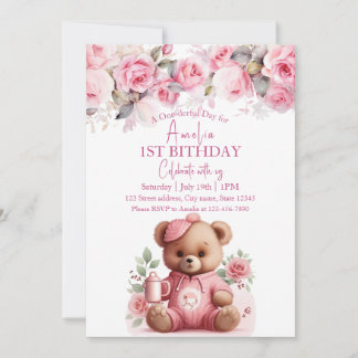 Boho Teddy Bear Girl Pink Bär Blorgeburt Tag Einladung