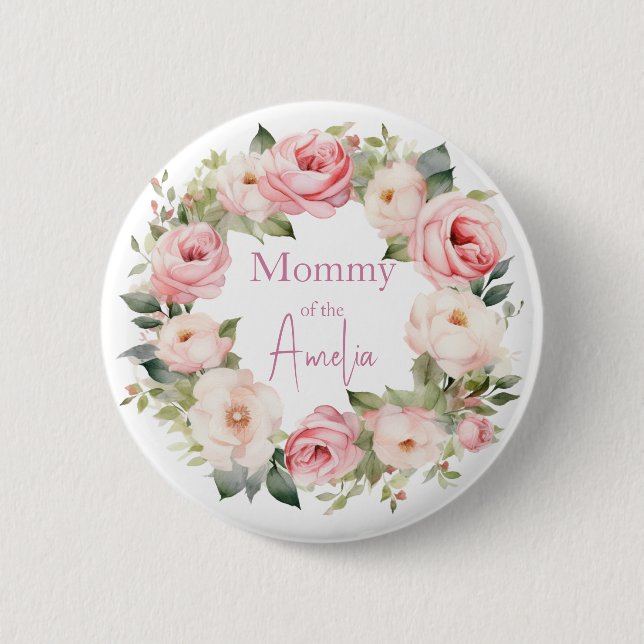 Boho Teddy Bear Girl Pink Bear Floral Birthday  Button (Vorderseite)