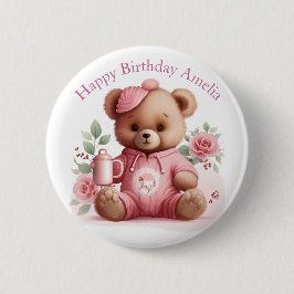 Boho Teddy Bear Girl Pink Bear Floral Birthday  Button