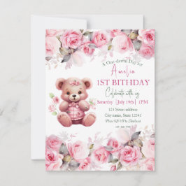 Boho Teddy Bear Girl Pink Bear Floral Birthday Einladung