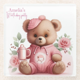 Boho Teddy Bear Girl Pink Bear Floral Birthday  Glasuntersetzer