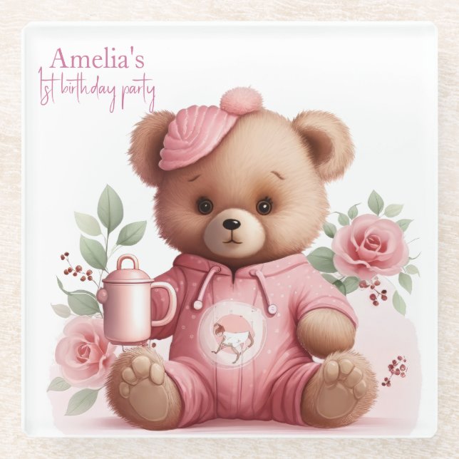 Boho Teddy Bear Girl Pink Bear Floral Birthday  Glasuntersetzer (Vorderseite)