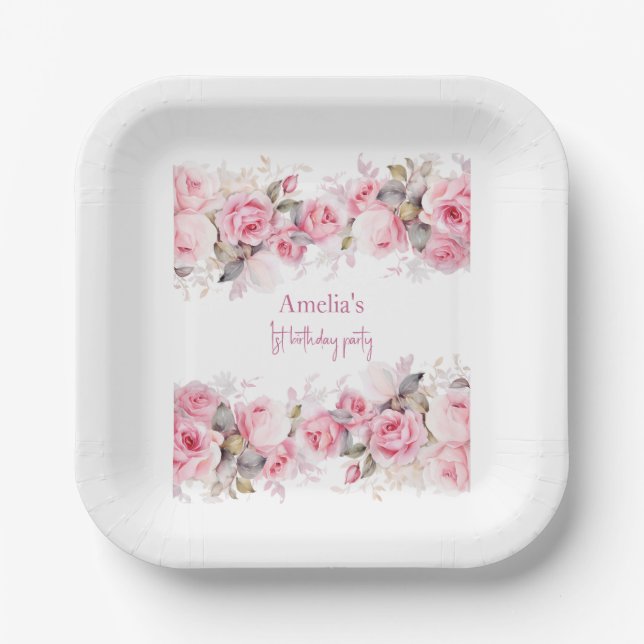 Boho Teddy Bear Girl Pink Bear Floral Birthday  Pappteller (Vorderseite)