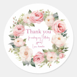 Boho Teddy Bear Girl Pink Bear Floral Birthday  Runder Aufkleber