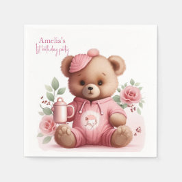 Boho Teddy Bear Girl Pink Bear Floral Birthday  Serviette