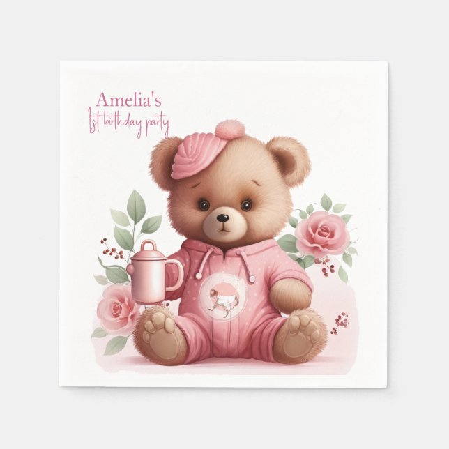 Boho Teddy Bear Girl Pink Bear Floral Birthday  Serviette (Vorderseite)
