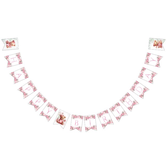 Boho Teddy Bear Girl Pink Bear Floral Birthday  Wimpelkette (Alle)