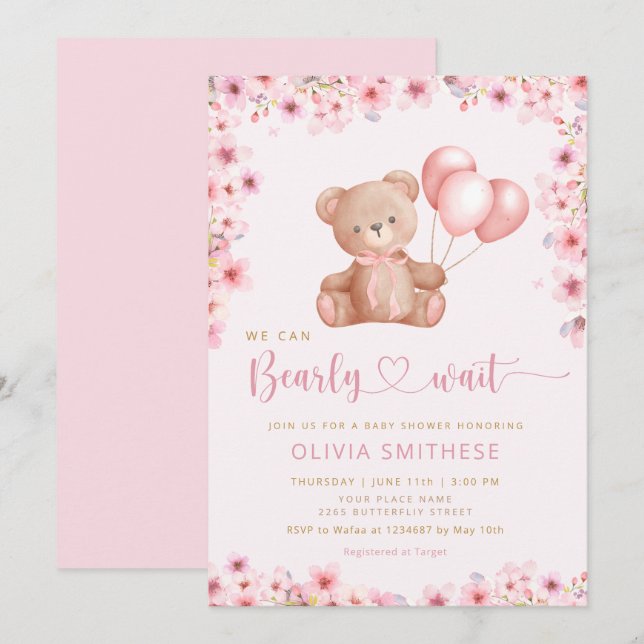 Boho Teddy Bear Girl Pink Bearly Wait Baby Dusche Einladung (Vorne/Hinten)