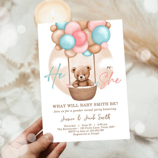 Boho Teddy Bear He She Boy oder Girl Gender Reveal Einladung (Von Creator hochgeladen)