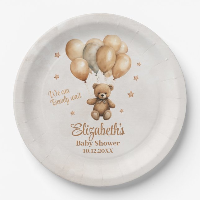 Boho Teddy Bear mit Balloons Baby Dusche Pappteller (Vorderseite)