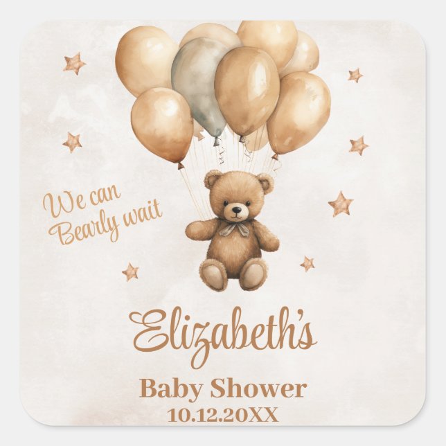 Boho Teddy Bear mit Balloons Baby Dusche Quadratischer Aufkleber (Vorderseite)