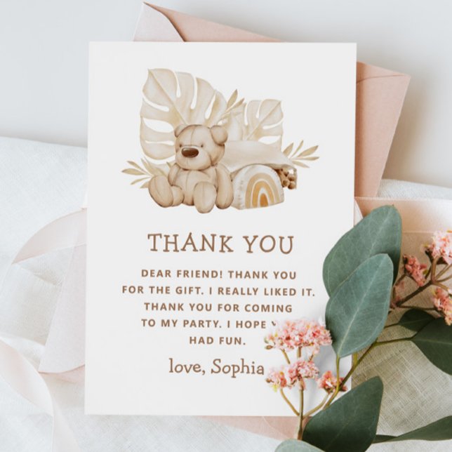 Boho Teddy Bear | Niedlich Soft Kindergeburtstag P Dankeskarte (Von Creator hochgeladen)