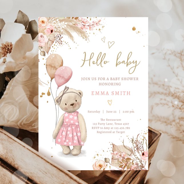 Boho Teddy Bear Picnic Girl Pink Baby Shower Invit Einladung (Von Creator hochgeladen)