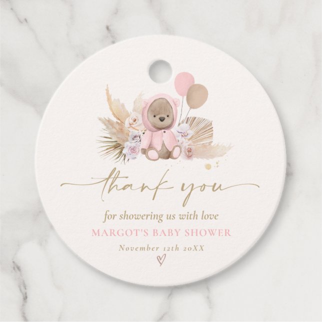 Boho Teddy Bear Pink Bearly Wait Baby Dusche Geschenkanhänger (Vorderseite)