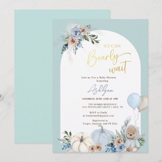 Boho Teddy Bear Pumpkin Boy Bearly Baby Shower Einladung (Vorne/Hinten)