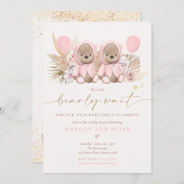 Boho Teddy Bear Twin Girls Bearly Wait Baby Dusche Einladung (Vorne/Hinten)