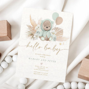 Boho-Teddybär-Baby-Party in sanftem Salbeigrün Einladung