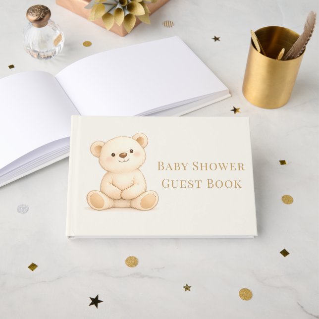 Boho-Teddybär-Baby-Party Neutral Gästebuch (Vorderseite Offen)