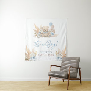 Boho-Teddybär-Junge-Blau-Baby-Party-Willkommenssch Wandteppich