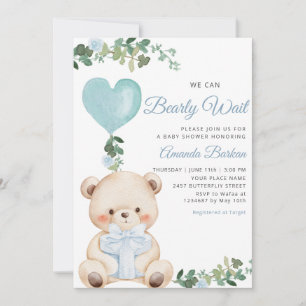 Boho-Teddybär-Junge-Blauer Kaum-Warten-Baby-Party  Einladung