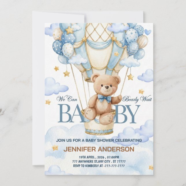 Boho-Teddybär-Junge-Blauer-Teddybär-Kaum-Warten-Ba Einladung (Vorderseite)