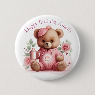Boho-Teddybär-Mädchen Rosa Bär Blumen Geburtstag Button