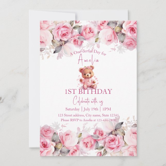 Boho-Teddybär-Mädchen Rosa Bär Blumen Geburtstag  Einladung (Vorderseite)