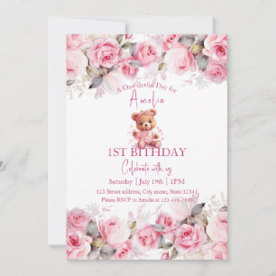 Boho-Teddybär-Mädchen Rosa Bär Blumen Geburtstag  Einladung