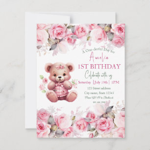 Boho-Teddybär-Mädchen Rosa Bär Blumen Geburtstag Einladung