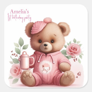 Boho-Teddybär-Mädchen Rosa Bär Blumen Geburtstag  Quadratischer Aufkleber