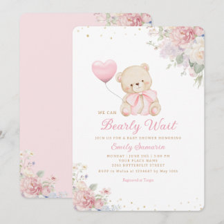 Boho-Teddybär-Mädchen-Rosa-Kaum-Warten-Baby-Party Einladung