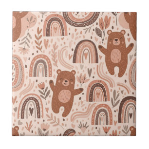 Boho-Teddybär-Regenbogen-Braun-Beige-Rosa Fliese