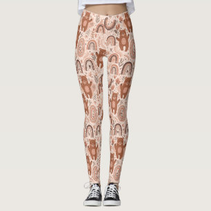 Boho-Teddybär-Regenbogen-Braun-Beige-Rosa Leggings
