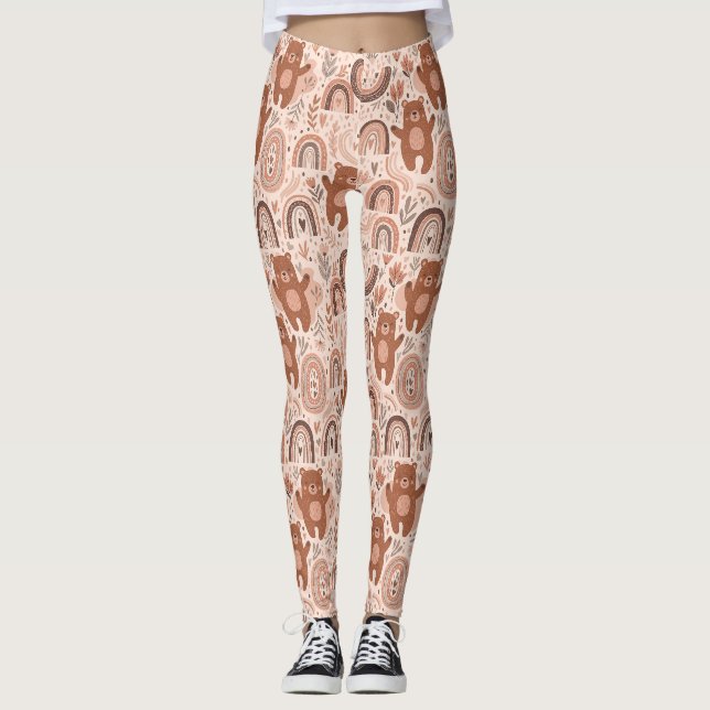 Boho-Teddybär-Regenbogen-Braun-Beige-Rosa Leggings (Vorderseite)
