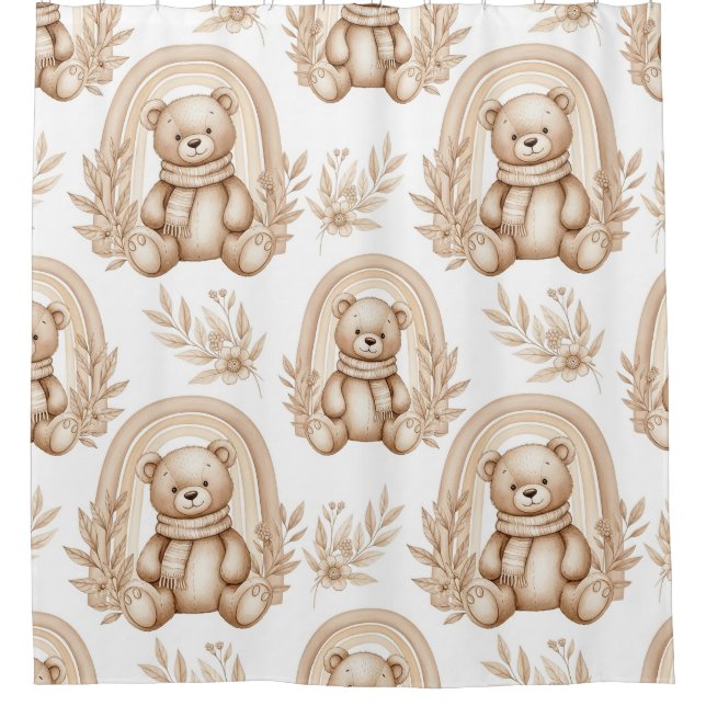 Boho-Teddybär-Regenbogen-Neutrales-Blumenmuster Duschvorhang (Vorderseite)