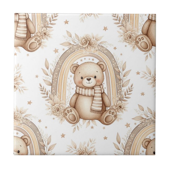 Boho-Teddybär-Regenbogen-Neutrales-Blumenmuster Fliese (Vorderseite)