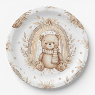 Boho-Teddybär-Regenbogen-Neutrales-Blumenmuster Pappteller