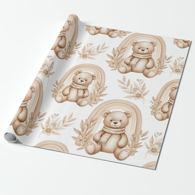 Boho-Teddybär-Regenbogen-Neutrales Floral Geschenkpapier (Ungerollt)