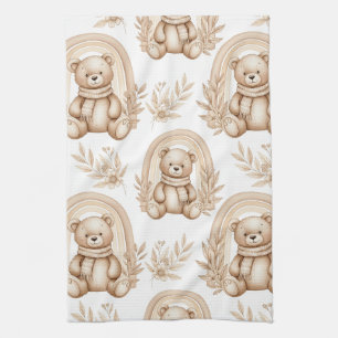 Boho-Teddybär-Regenbogen-Neutrales Floral Geschirrtuch