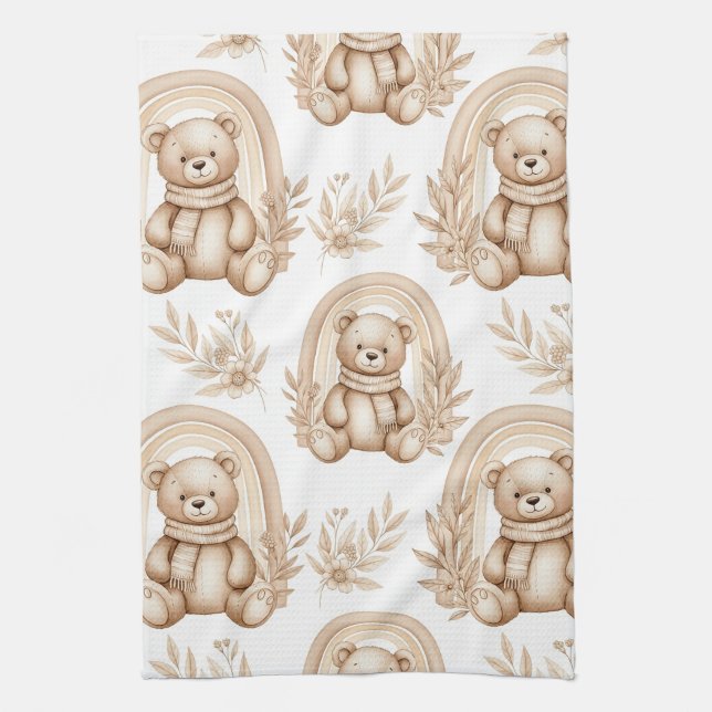 Boho-Teddybär-Regenbogen-Neutrales Floral Geschirrtuch (Vertikal)