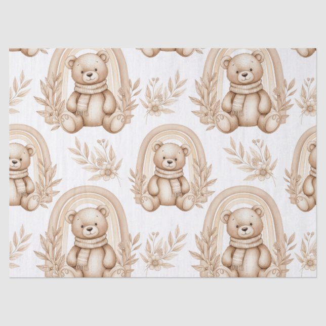 Boho-Teddybär-Regenbogen-Neutrales Floral Seidenpapier (Vorderseite)