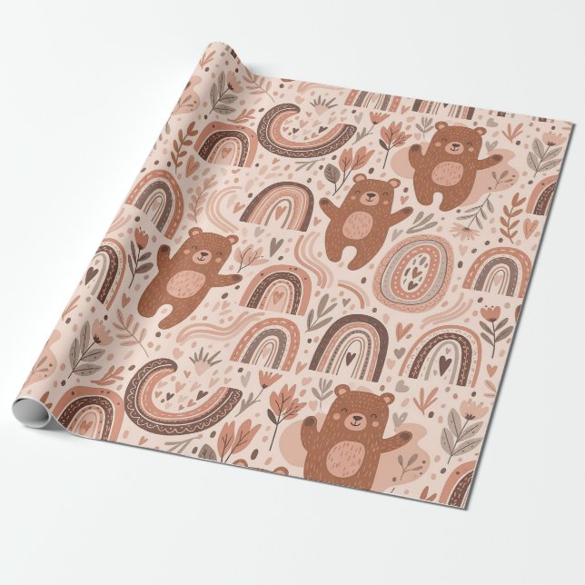 Boho-Teddybär-Regenbogennursery-Muster Geschenkpapier (Ungerollt)