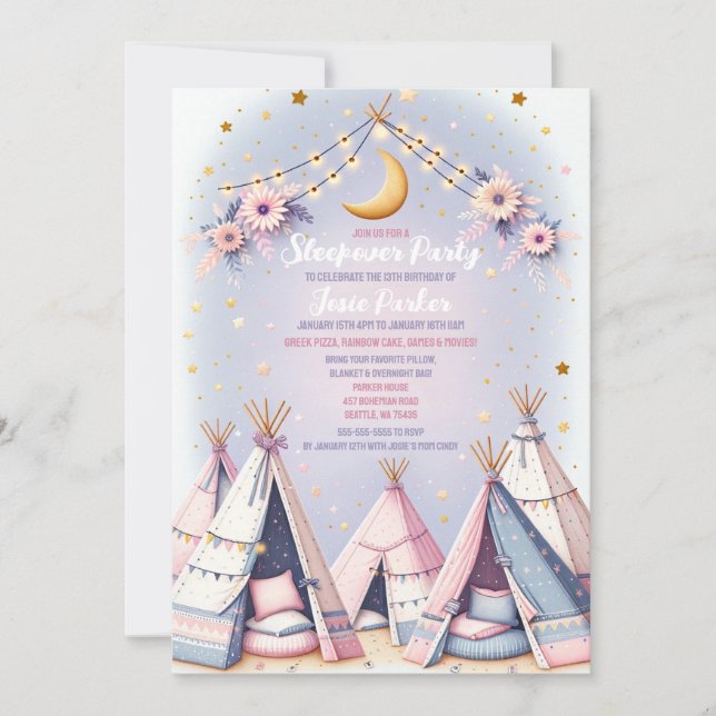 Boho Teepee Girly Sleepover Slumber Party Einladung (Vorderseite)