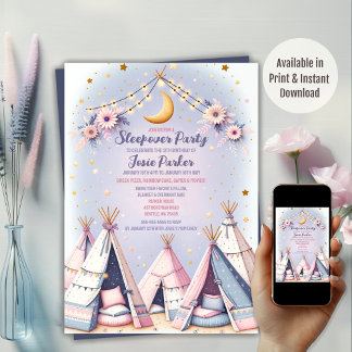 Boho Teepee Girly Sleepover Slumber Party Einladung