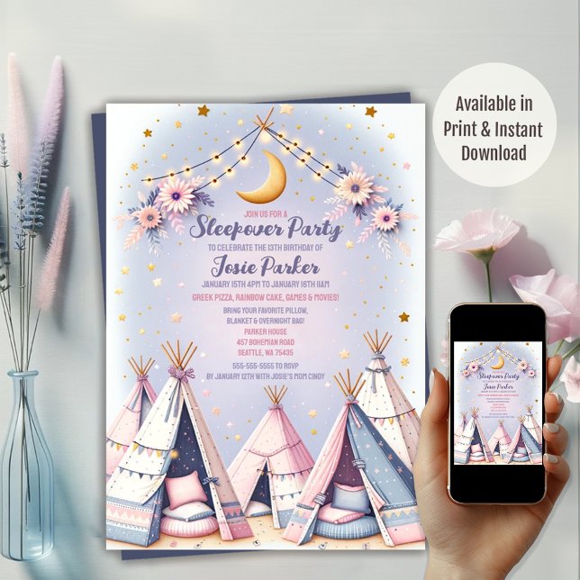 Boho Teepee Girly Sleepover Slumber Party Einladung (Available in Print and Instant Download)