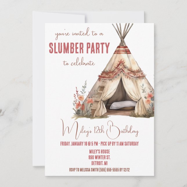 Boho TeePee Slumber Party, Sleepover, Geburtstag Einladung (Vorderseite)