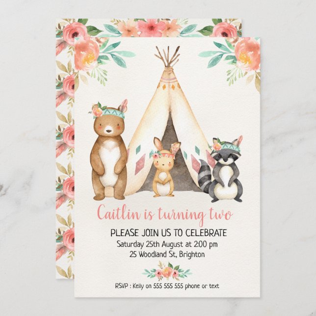Boho Teepee Woodland Animals Einladung zum Geburts (Vorne/Hinten)
