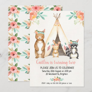 Boho Teepee Woodland Animals Einladung zum Geburts