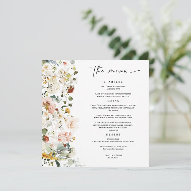 Boho Template für die Hochzeitmenü-Wildblume Menükarte (Stehend Vorderseite)